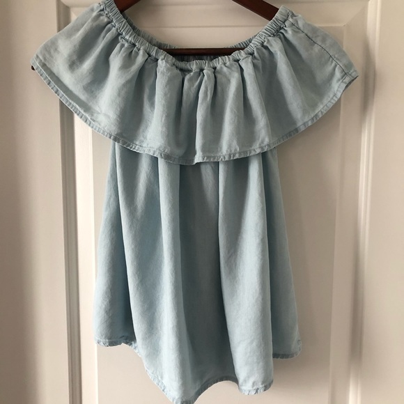 🛍2/$15 Off the Shoulder Ruffle Chambray Top Sz XS - Picture 10 of 12